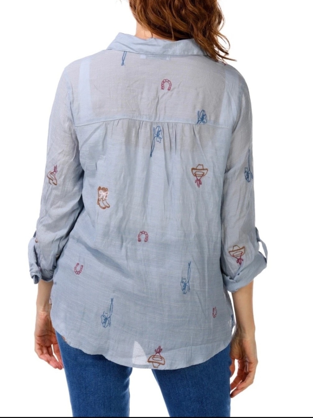fig and flower Sky Blue Embroidered Button-Down Shirt - Picture 3 of 8